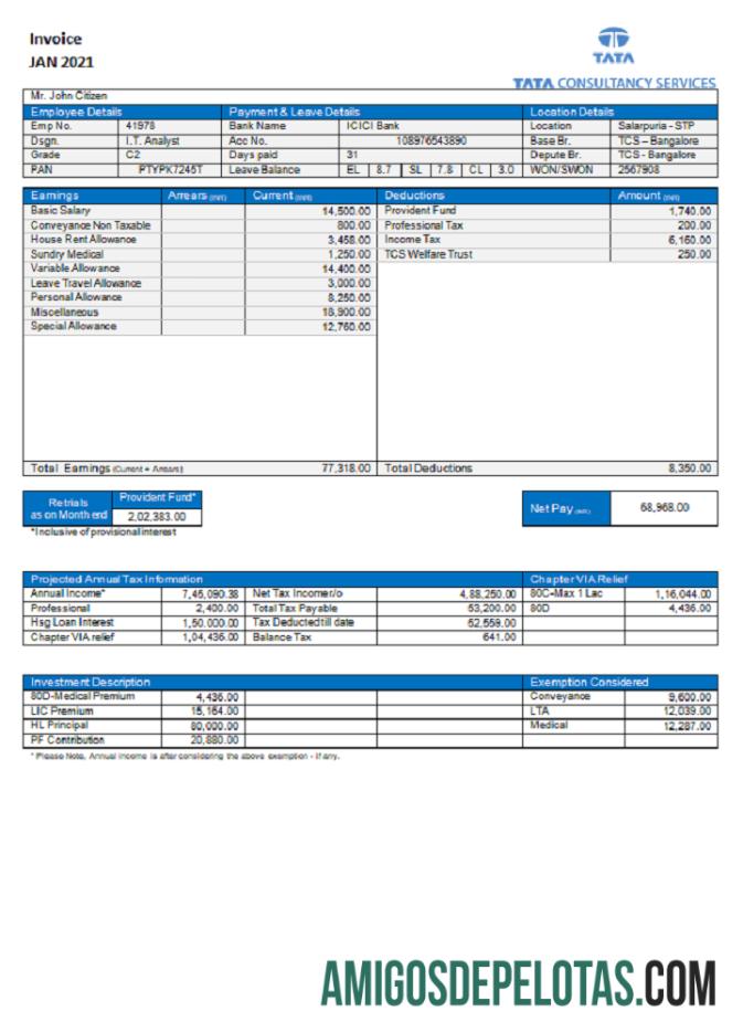 Fatura de serviços de consultoria da Tata nos EUA amostra